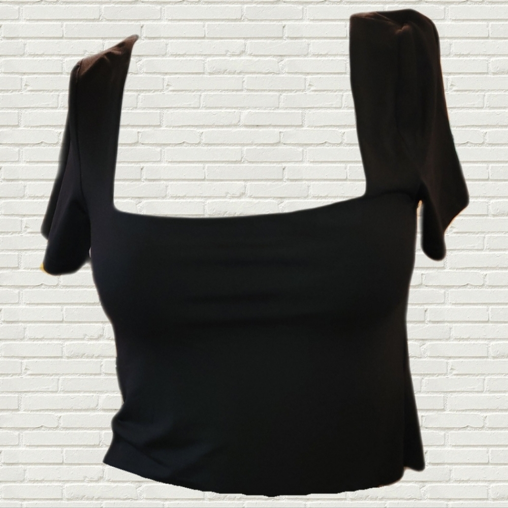 House of Harlow 1960 Black Bodycon Short Sleeve Crop Top Square Neckline Medium